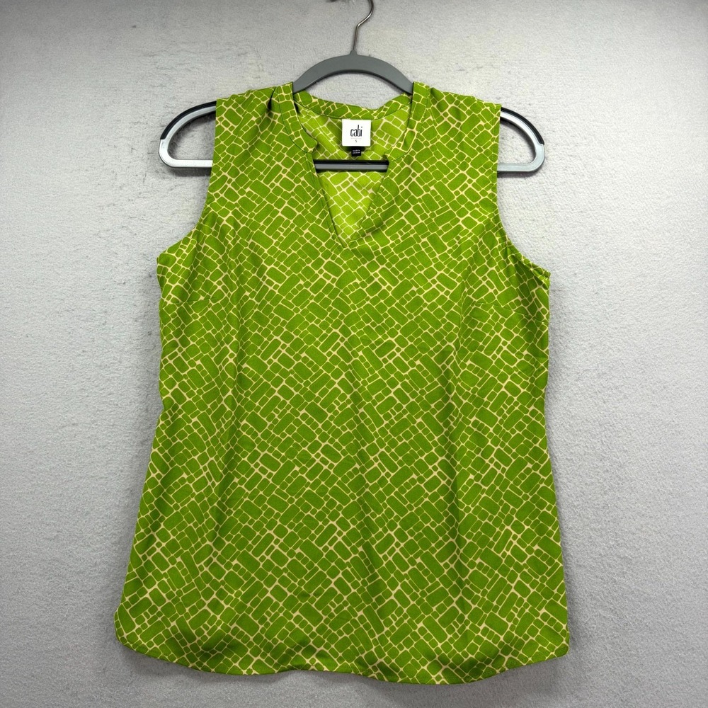 CAbi‎ Blouse Top Womens Small Green Geometric Sleeveless V-Neck Anthropologie